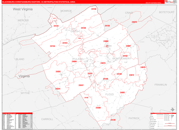 Blacksburg-Christiansburg-Radford Metro Area Map Book Red Line Style